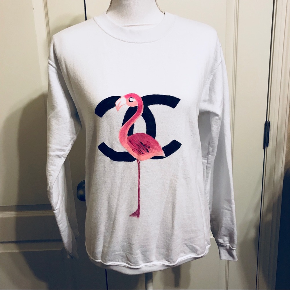 💖 Hand-Painted Flamingo White Sweatshirt 💖